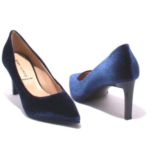ITALIAN Navy Velour Leather Pointy Toe Heel Pumps - Picture 2 of 8